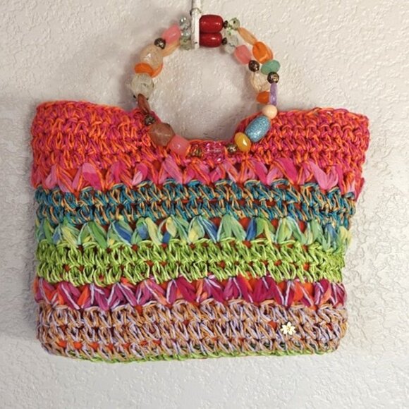 Cappelli Handbag Straworld Straw Satchel Beaded Handle Multicolored - Picture 1 of 8
